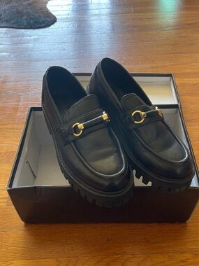 Black Leather Loafers with Gold Accent